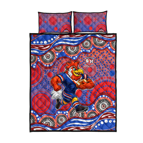 Sydney Roosters Quilt Bed Set Aboriginal Dot Pattern - Rugby Mascot Heritage Pride