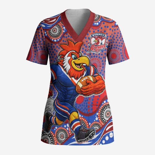 Sydney Roosters Scrub Top Aboriginal Dot Pattern - Rugby Mascot Heritage Pride