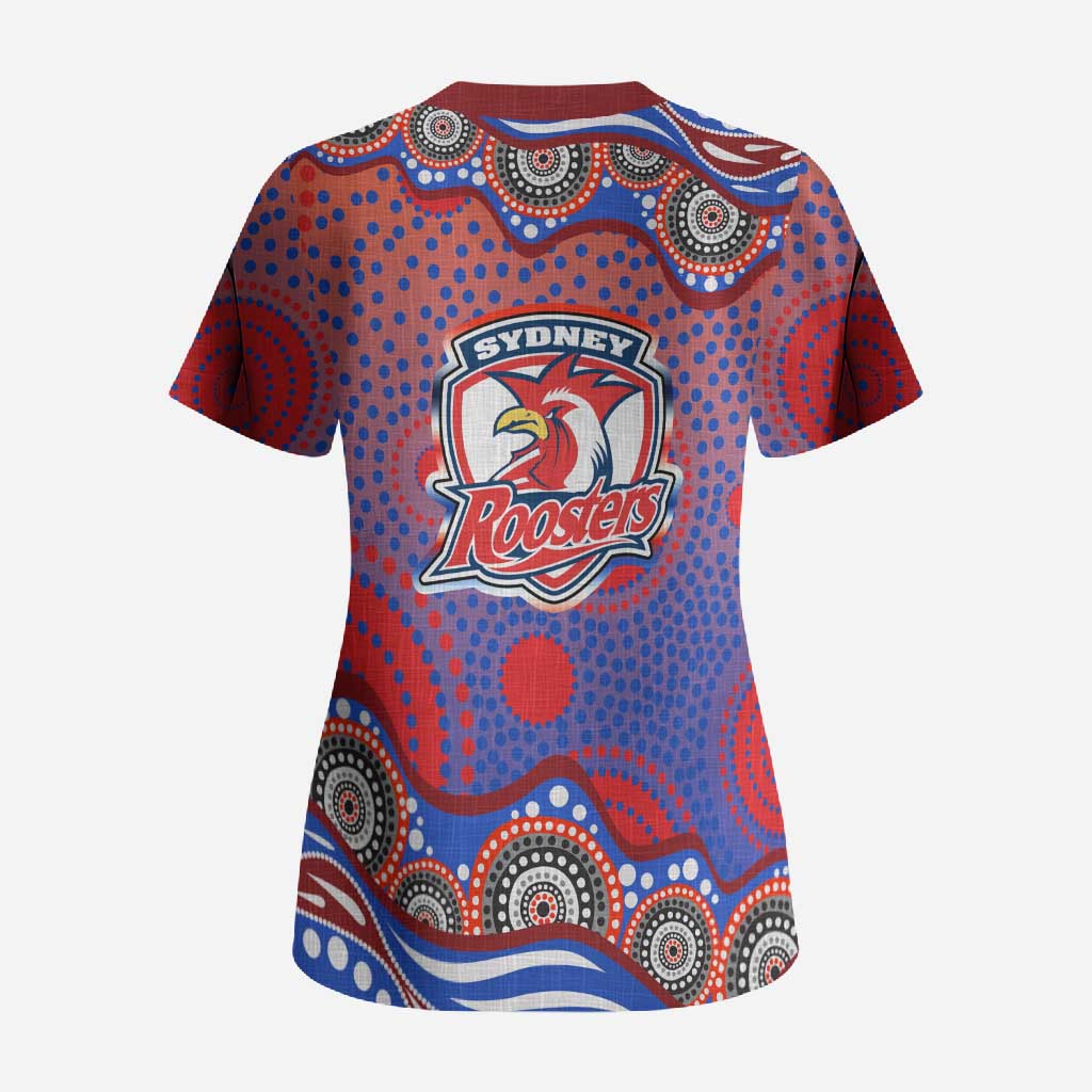 Sydney Roosters Scrub Top Aboriginal Dot Pattern - Rugby Mascot Heritage Pride