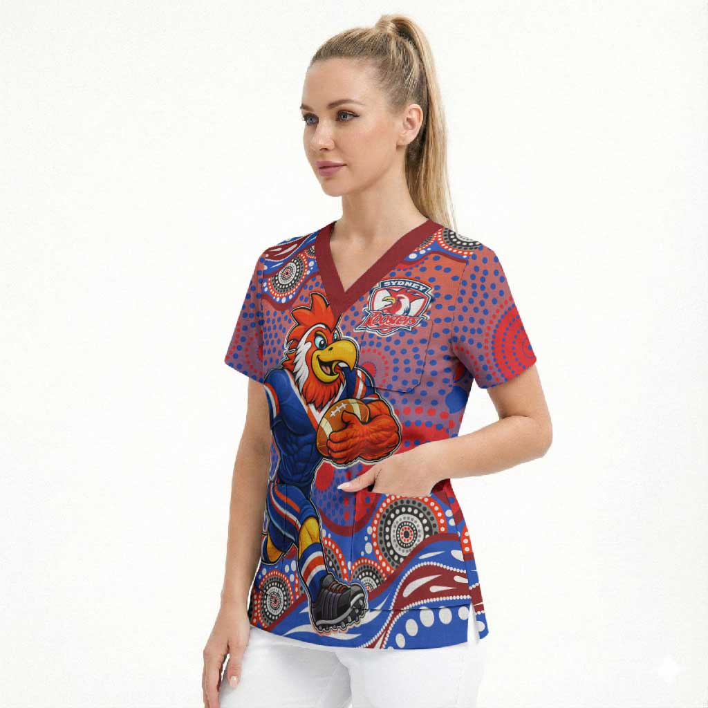 Sydney Roosters Scrub Top Aboriginal Dot Pattern - Rugby Mascot Heritage Pride