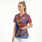 Sydney Roosters Scrub Top Aboriginal Dot Pattern - Rugby Mascot Heritage Pride