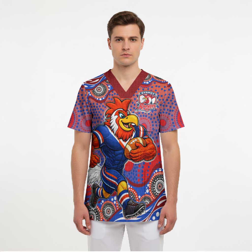 Sydney Roosters Scrub Top Aboriginal Dot Pattern - Rugby Mascot Heritage Pride