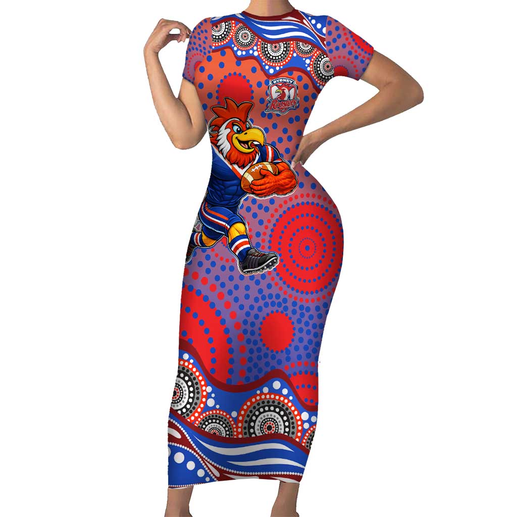 Sydney Roosters Short Sleeve Bodycon Dress Aboriginal Dot Pattern - Rugby Mascot Heritage Pride