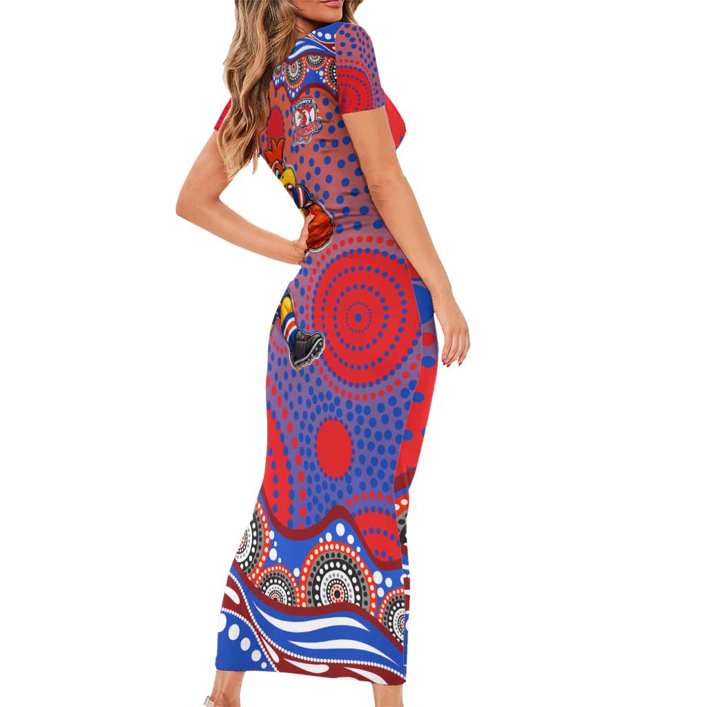 Sydney Roosters Short Sleeve Bodycon Dress Aboriginal Dot Pattern - Rugby Mascot Heritage Pride