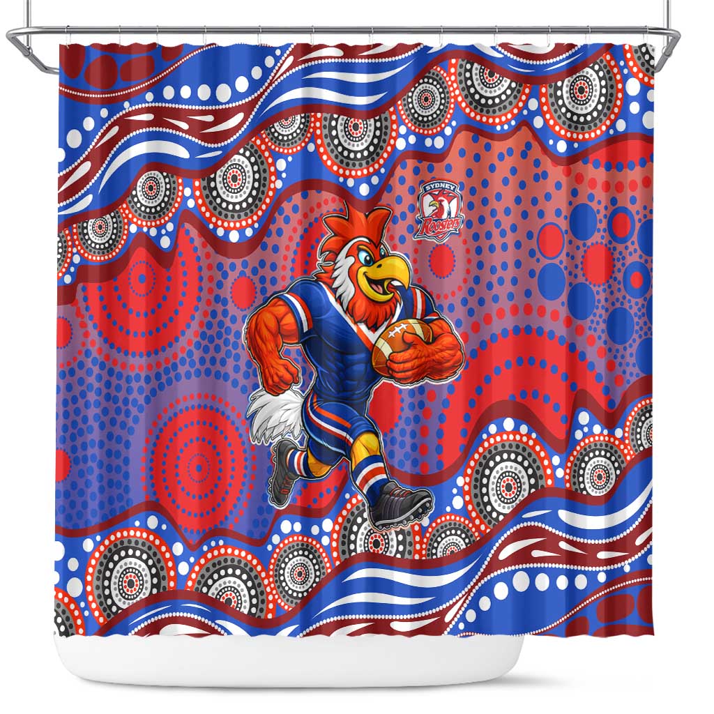 Sydney Roosters Shower Curtain Aboriginal Dot Pattern - Rugby Mascot Heritage Pride