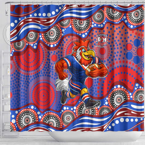 Sydney Roosters Shower Curtain Aboriginal Dot Pattern - Rugby Mascot Heritage Pride