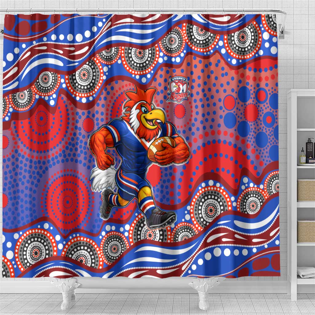 Sydney Roosters Shower Curtain Aboriginal Dot Pattern - Rugby Mascot Heritage Pride