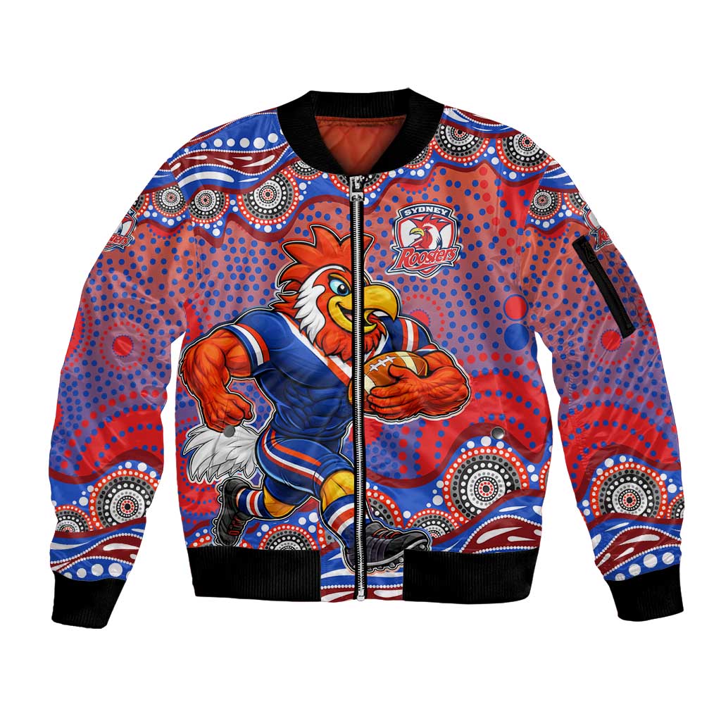 Sydney Roosters Sleeve Zip Bomber Jacket Aboriginal Dot Pattern - Rugby Mascot Heritage Pride