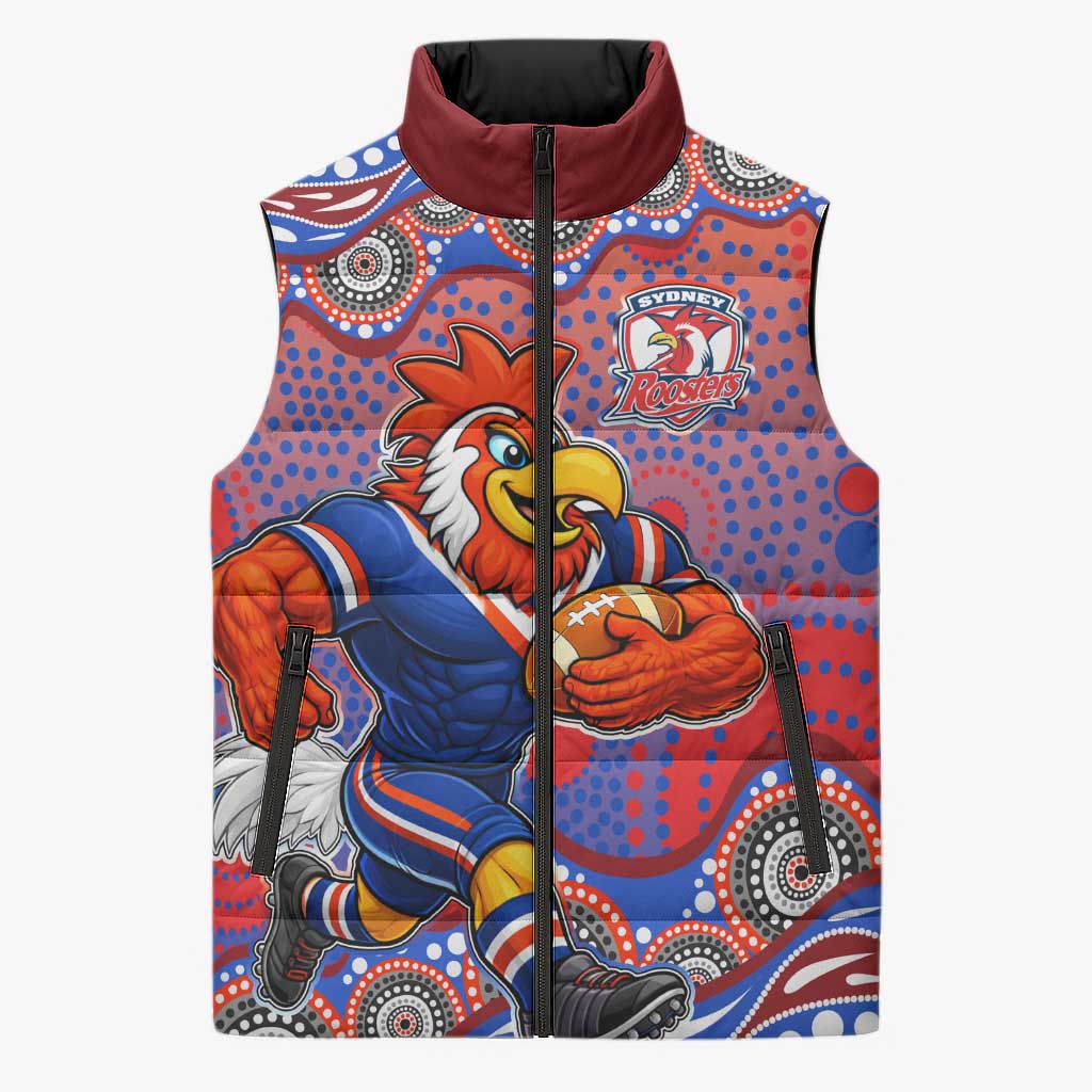 Sydney Roosters Sleeveless Puffer Jacket Aboriginal Dot Pattern - Rugby Mascot Heritage Pride