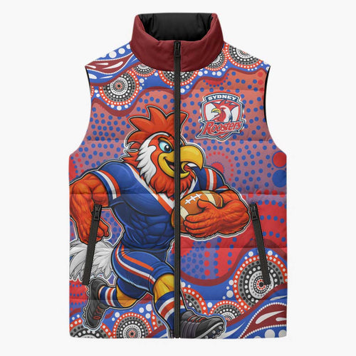 Sydney Roosters Sleeveless Puffer Jacket Aboriginal Dot Pattern - Rugby Mascot Heritage Pride