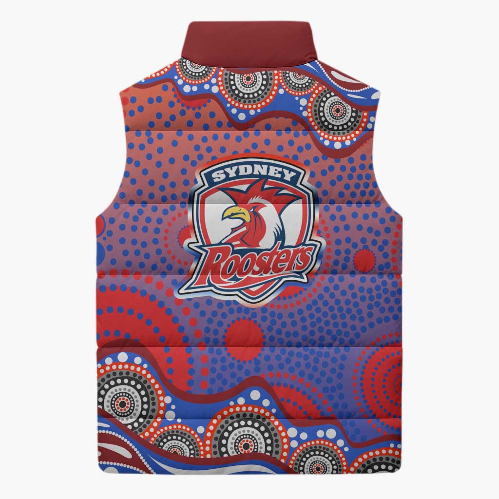 Sydney Roosters Sleeveless Puffer Jacket Aboriginal Dot Pattern - Rugby Mascot Heritage Pride