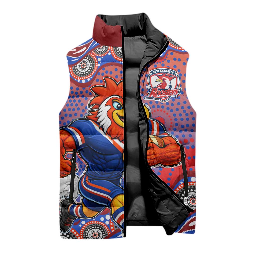 Sydney Roosters Sleeveless Puffer Jacket Aboriginal Dot Pattern - Rugby Mascot Heritage Pride