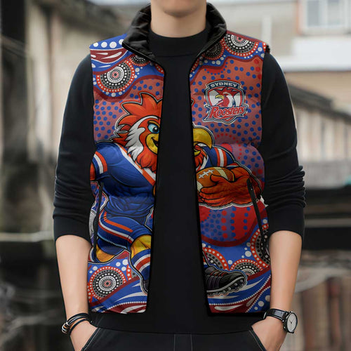 Sydney Roosters Sleeveless Puffer Jacket Aboriginal Dot Pattern - Rugby Mascot Heritage Pride