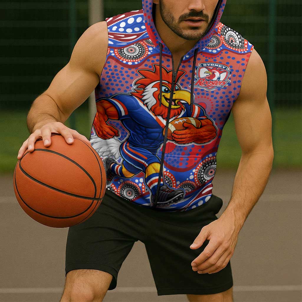 Sydney Roosters Sleeveless Zip Hoodie Aboriginal Dot Pattern - Rugby Mascot Heritage Pride