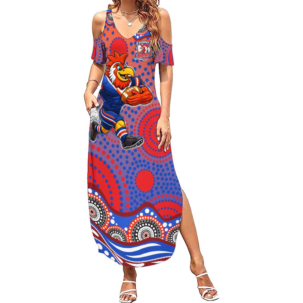 Sydney Roosters Summer Maxi Dress Aboriginal Dot Pattern - Rugby Mascot Heritage Pride
