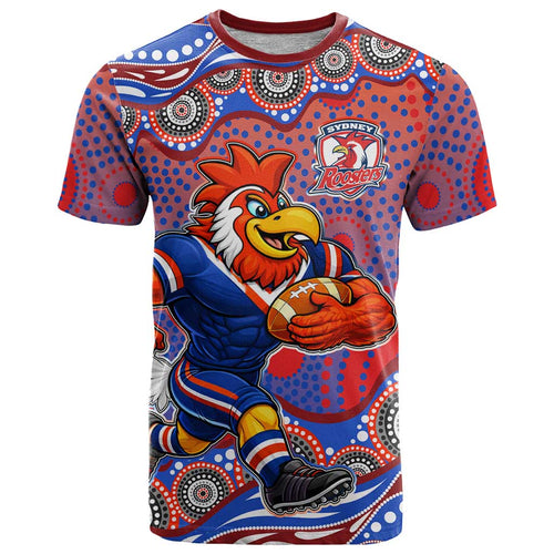 Sydney Roosters T Shirt Aboriginal Dot Pattern - Rugby Mascot Heritage Pride