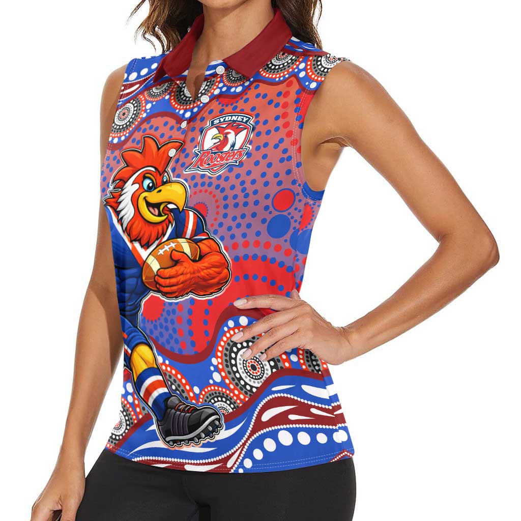 Sydney Roosters Women Sleeveless Polo Shirt Aboriginal Dot Pattern - Rugby Mascot Heritage Pride