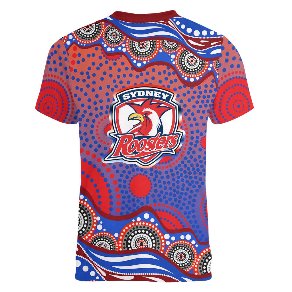 Sydney Roosters Women V-Neck T-Shirt Aboriginal Dot Pattern - Rugby Mascot Heritage Pride
