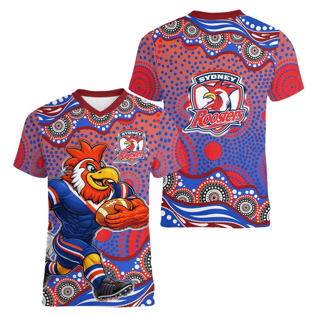 Sydney Roosters Women V-Neck T-Shirt Aboriginal Dot Pattern - Rugby Mascot Heritage Pride