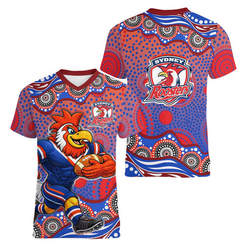 Sydney Roosters Women V-Neck T-Shirt Aboriginal Dot Pattern - Rugby Mascot Heritage Pride