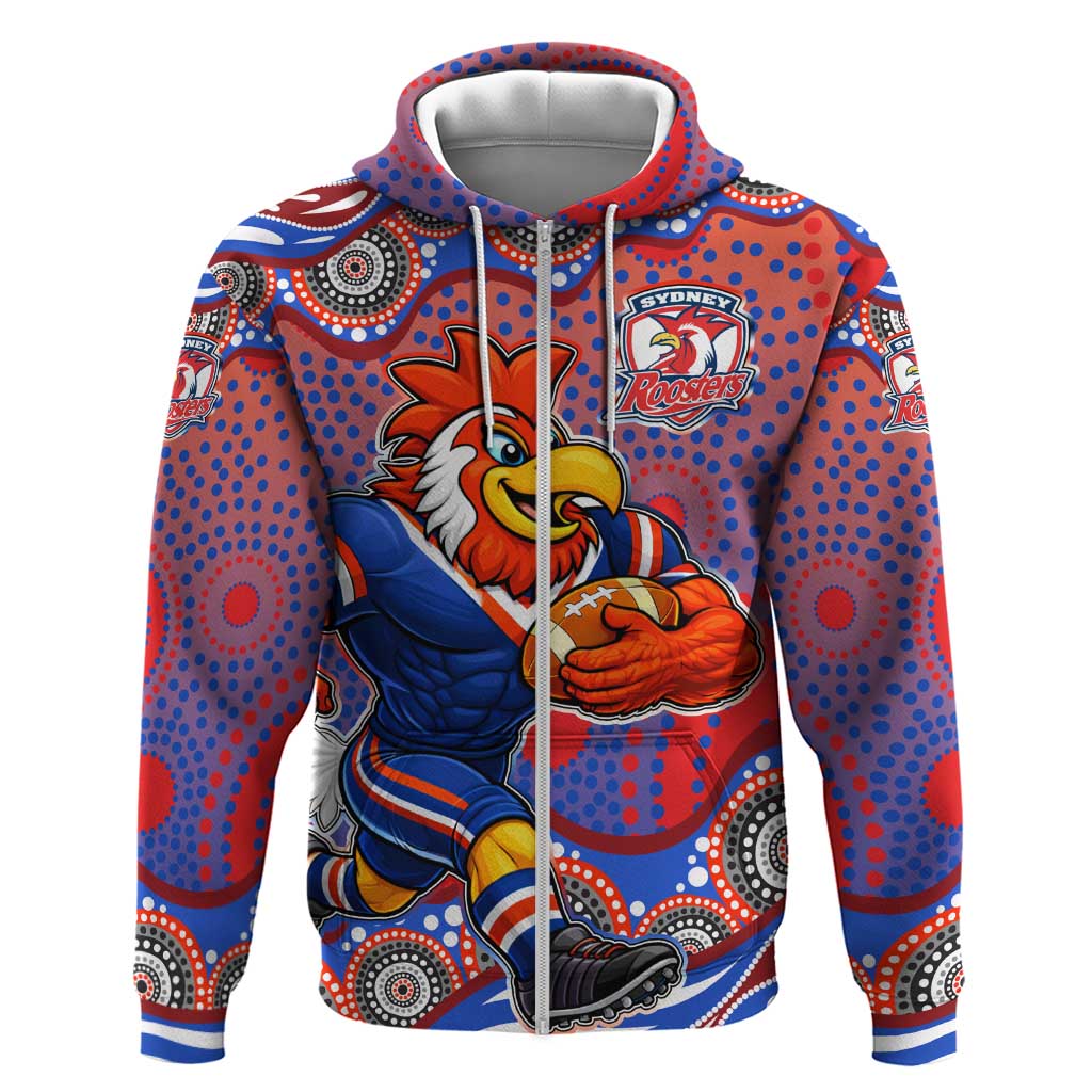 Sydney Roosters Zip Hoodie Aboriginal Dot Pattern - Rugby Mascot Heritage Pride