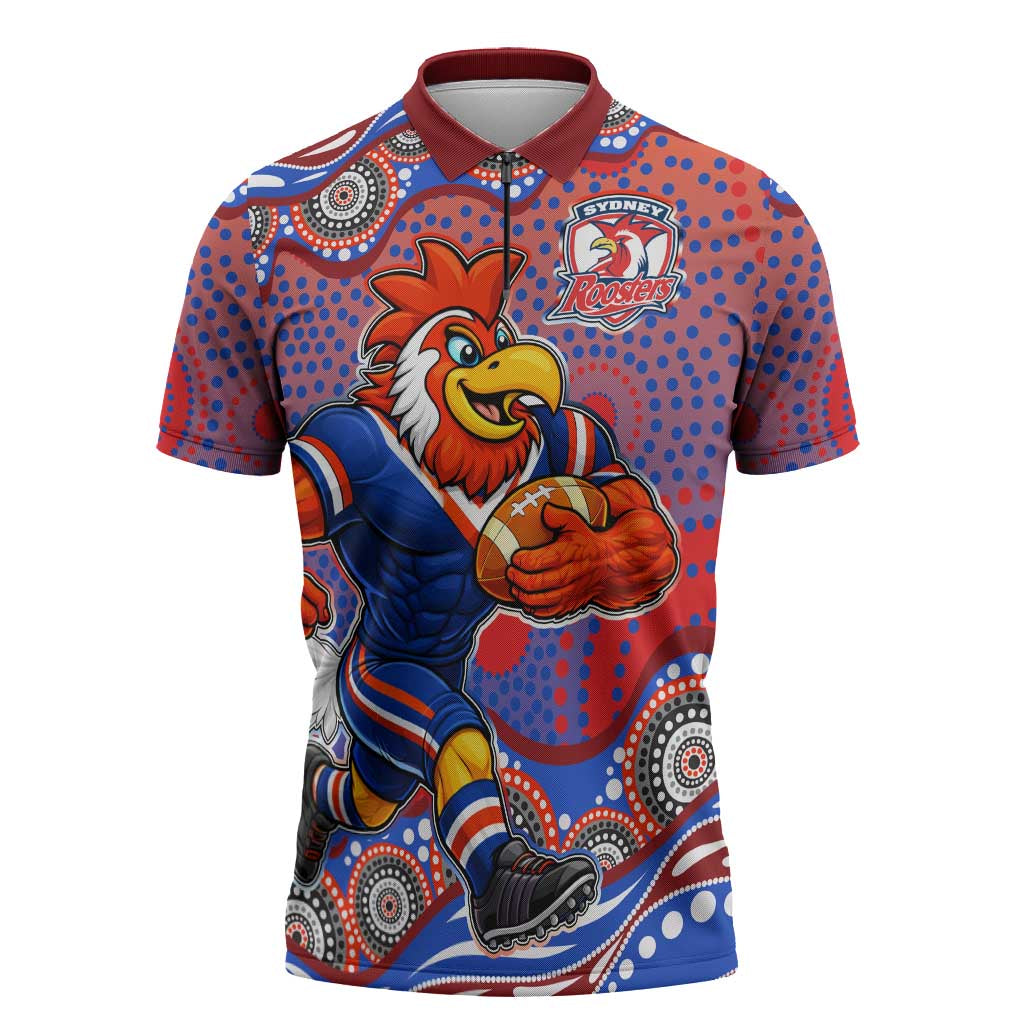 Sydney Roosters Zipper Polo Shirt Aboriginal Dot Pattern - Rugby Mascot Heritage Pride