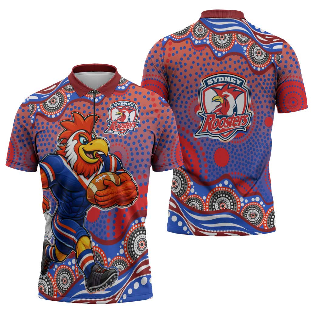 Sydney Roosters Zipper Polo Shirt Aboriginal Dot Pattern - Rugby Mascot Heritage Pride
