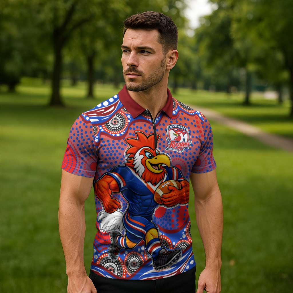 Sydney Roosters Zipper Polo Shirt Aboriginal Dot Pattern - Rugby Mascot Heritage Pride