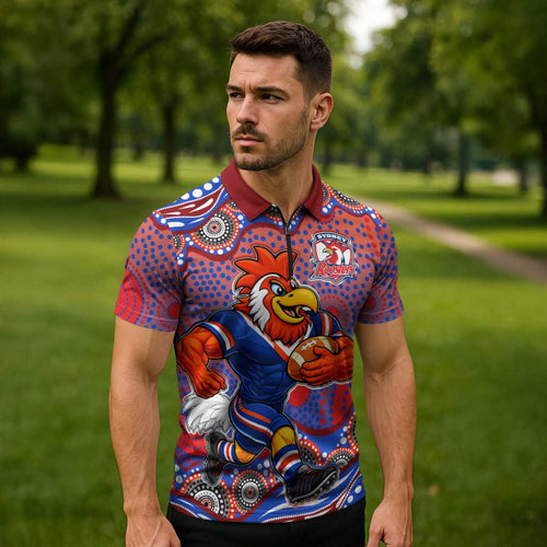 Sydney Roosters Zipper Polo Shirt Aboriginal Dot Pattern - Rugby Mascot Heritage Pride
