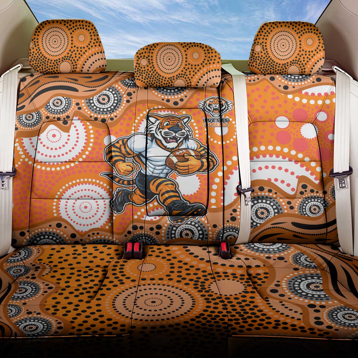 Wests Tigers Back Car Seat Cover Aboriginal Dot Pattern - Rugby Mascot Heritage Pride