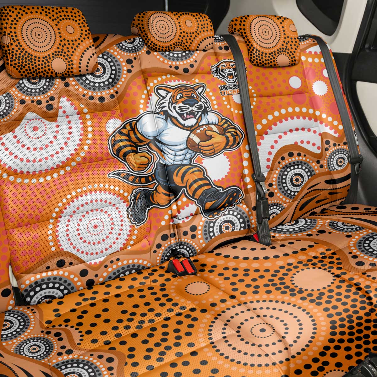 Wests Tigers Back Car Seat Cover Aboriginal Dot Pattern - Rugby Mascot Heritage Pride