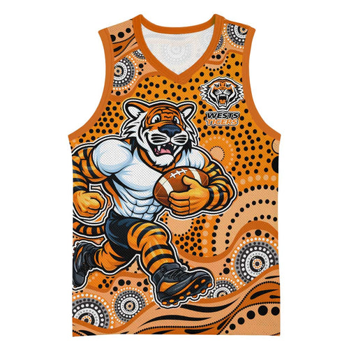 Wests Tigers Basketball Jersey Aboriginal Dot Pattern - Rugby Mascot Heritage Pride