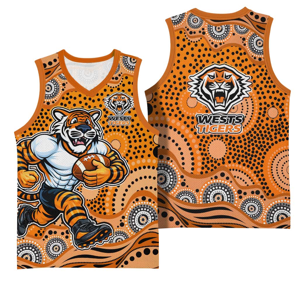 Wests Tigers Basketball Jersey Aboriginal Dot Pattern - Rugby Mascot Heritage Pride