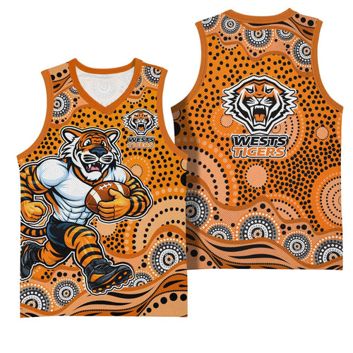 Wests Tigers Basketball Jersey Aboriginal Dot Pattern - Rugby Mascot Heritage Pride