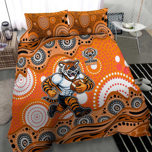 Wests Tigers Bedding Set Aboriginal Dot Pattern - Rugby Mascot Heritage Pride