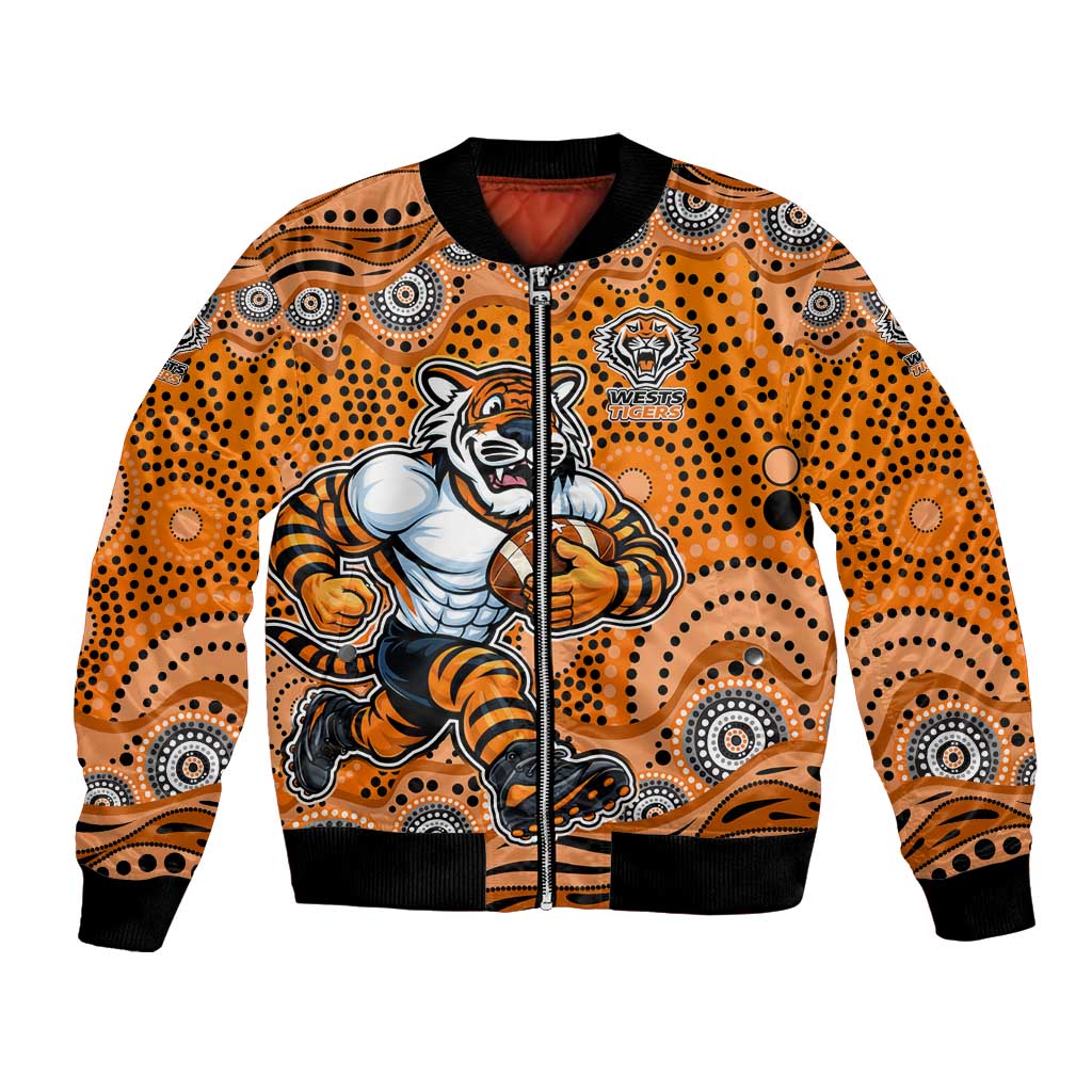 Wests Tigers Bomber Jacket Aboriginal Dot Pattern - Rugby Mascot Heritage Pride
