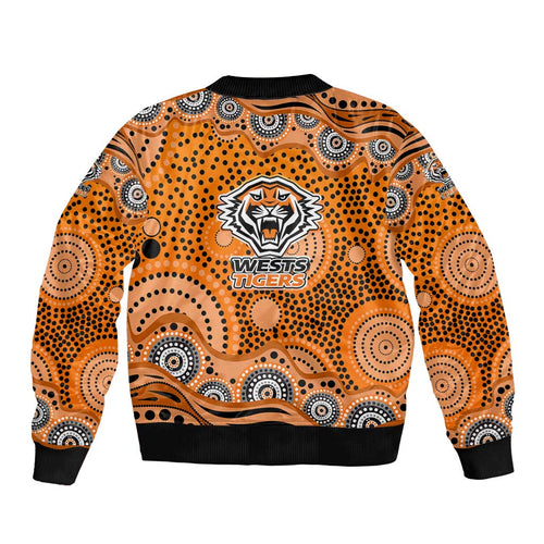 Wests Tigers Bomber Jacket Aboriginal Dot Pattern - Rugby Mascot Heritage Pride