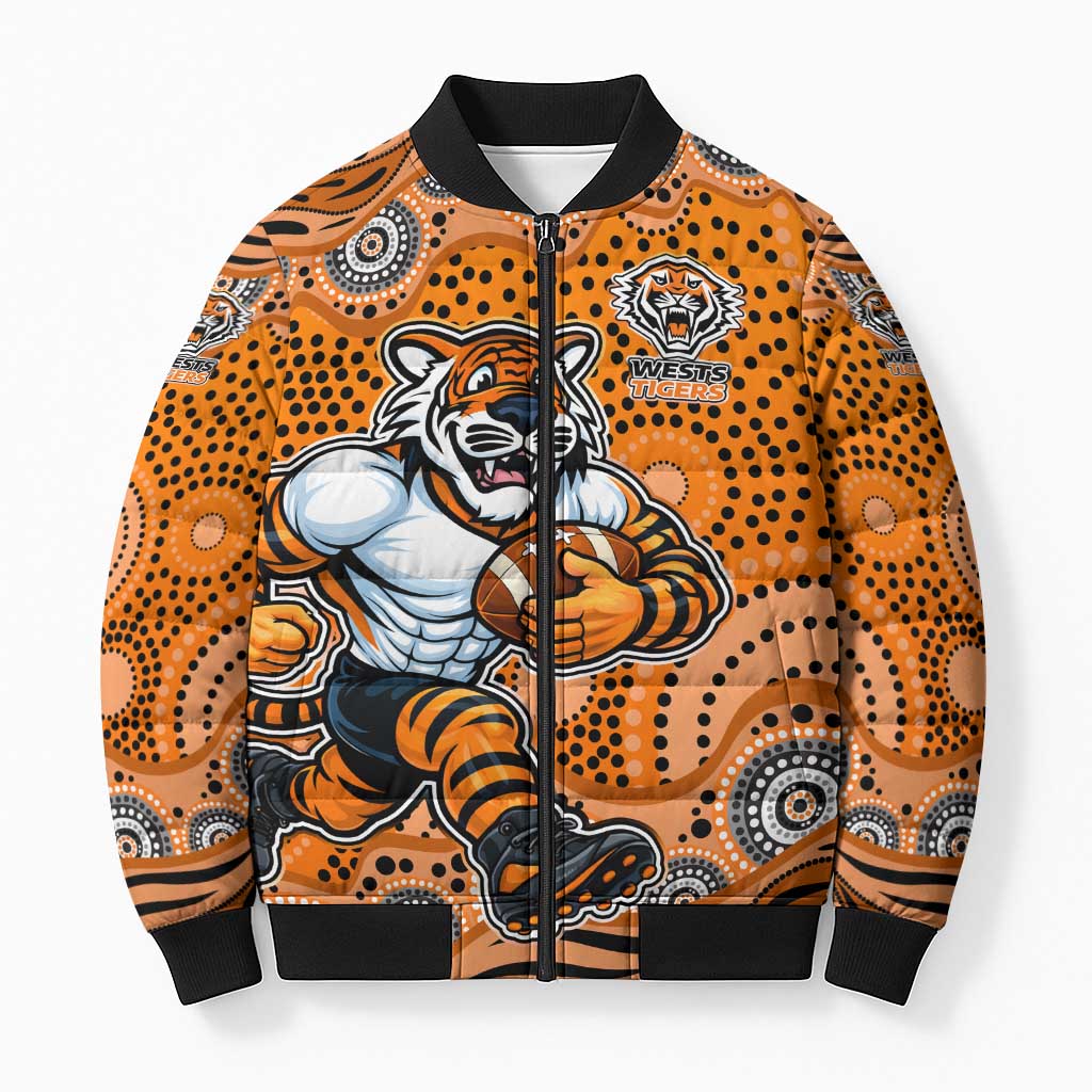Wests Tigers Bomber Puffer Jacket Aboriginal Dot Pattern - Rugby Mascot Heritage Pride