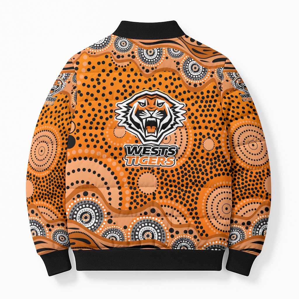 Wests Tigers Bomber Puffer Jacket Aboriginal Dot Pattern - Rugby Mascot Heritage Pride