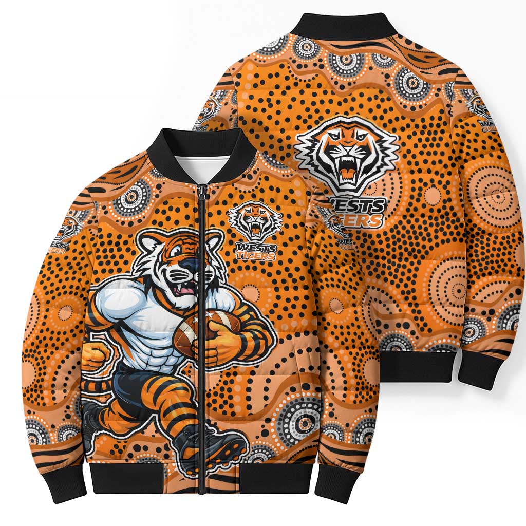 Wests Tigers Bomber Puffer Jacket Aboriginal Dot Pattern - Rugby Mascot Heritage Pride
