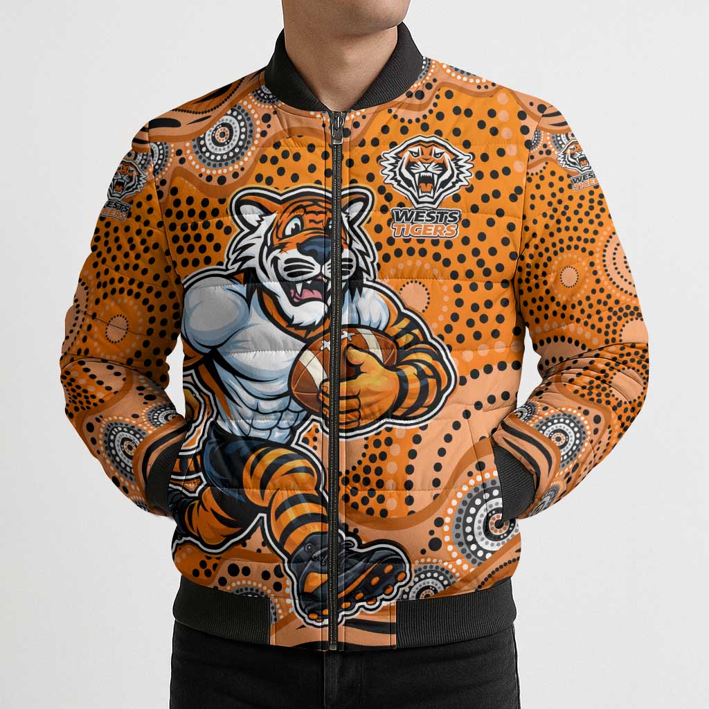 Wests Tigers Bomber Puffer Jacket Aboriginal Dot Pattern - Rugby Mascot Heritage Pride