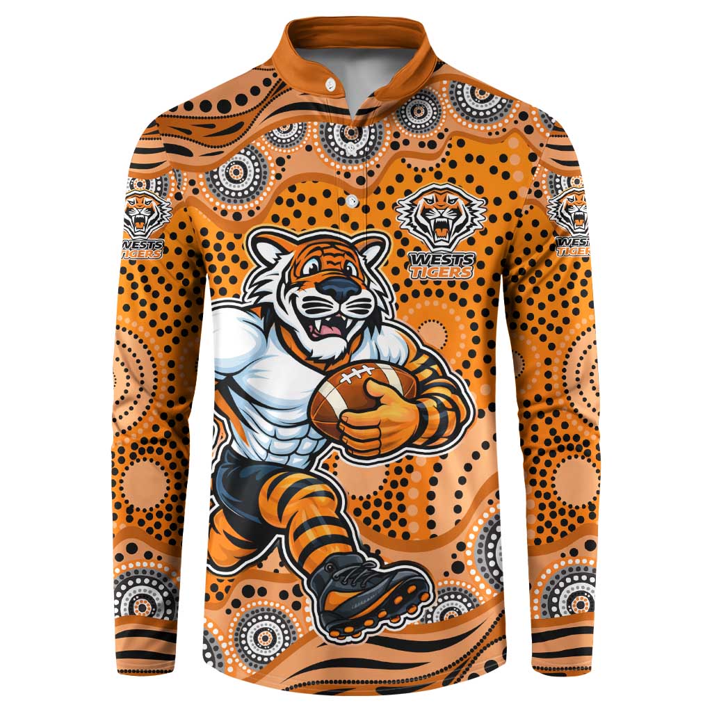 Wests Tigers Button Sweatshirt Aboriginal Dot Pattern - Rugby Mascot Heritage Pride