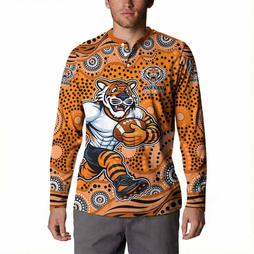 Wests Tigers Button Sweatshirt Aboriginal Dot Pattern - Rugby Mascot Heritage Pride