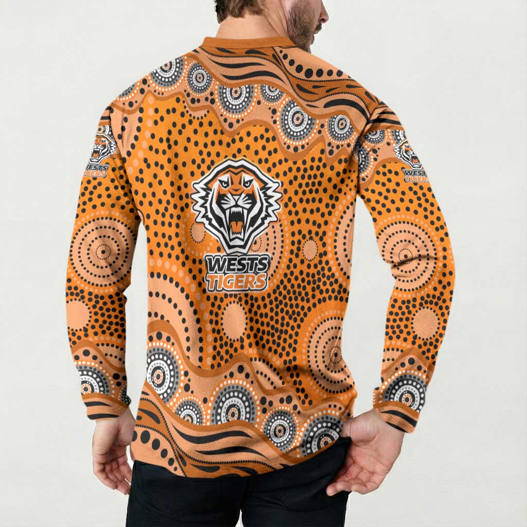 Wests Tigers Button Sweatshirt Aboriginal Dot Pattern - Rugby Mascot Heritage Pride