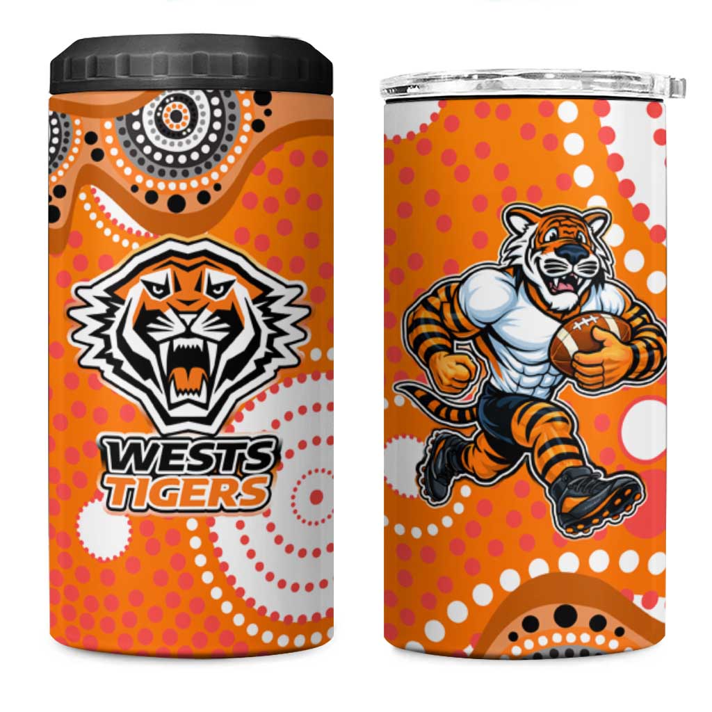 Wests Tigers 4 in 1 Can Cooler Tumbler Aboriginal Dot Pattern - Rugby Mascot Heritage Pride