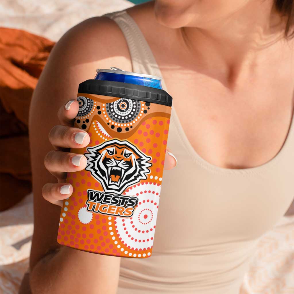 Wests Tigers 4 in 1 Can Cooler Tumbler Aboriginal Dot Pattern - Rugby Mascot Heritage Pride