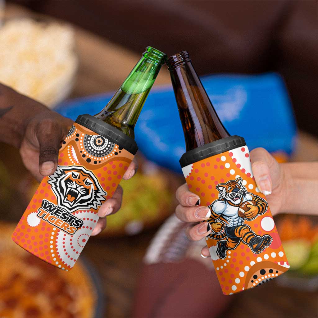 Wests Tigers 4 in 1 Can Cooler Tumbler Aboriginal Dot Pattern - Rugby Mascot Heritage Pride