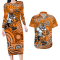 Wests Tigers Couples Matching Long Sleeve Bodycon Dress and Hawaiian Shirt Aboriginal Dot Pattern - Rugby Mascot Heritage Pride