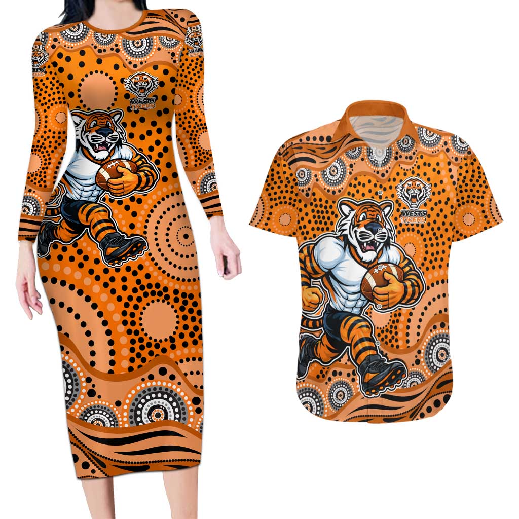 Wests Tigers Couples Matching Long Sleeve Bodycon Dress and Hawaiian Shirt Aboriginal Dot Pattern - Rugby Mascot Heritage Pride