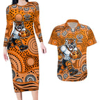 Wests Tigers Couples Matching Long Sleeve Bodycon Dress and Hawaiian Shirt Aboriginal Dot Pattern - Rugby Mascot Heritage Pride